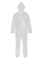 Transparent plastic rain suit with hooded jacket and matching pants for wet weather protection attire.
