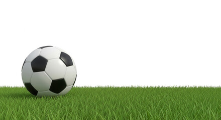 Fototapeta premium Classic black and white soccer ball resting on vibrant green grass, ready for a game, with ample copy space.