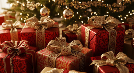 Pile of red and gold christmas presents under a brightly lit holiday tree