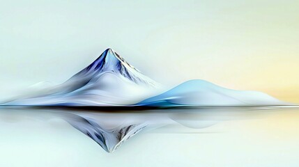 A serene, abstract landscape featuring snow-capped mountain peaks with flowing, icy blue accents, reflected perfectly in still water.