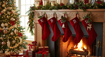 Cozy living room fireplace mantel decorated for christmas with stockings and a glowing tree