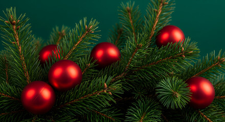 Fototapeta premium Close up of rich green pine branches decorated with red christmas ornaments