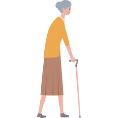 Elderly Woman With Gray Hair Walking With A Cane Wearing A Mustard Yellow Cardigan And Brown Skirt In A White Studio Background