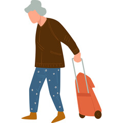 Elderly Woman With Gray Hair Pulling Orange Luggage Suitcase Walking Wear Brown Sweater Blue Pants Isolated On White Background With Transparent Background