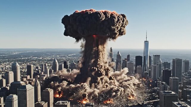 Nuclear Explosion Mushroom Cloud Over City Skyline, Destruction and Fire