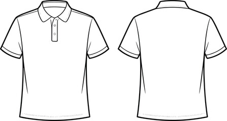 Cad drawing flat vector illustration, short sleeve polo shirt front and back view, fashion technical sketch, garment design template