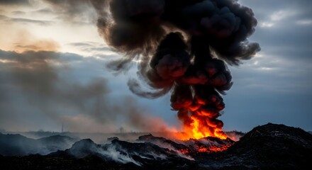 Dramatic image of a large fire with thick black smoke billowing into the sky, casting an orange glow on the surroundings