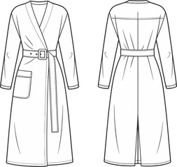Long belted robe fashion sketch, wrap-style technical flat drawing, front and back view, vector template, CAD drawing flat vector illustration
