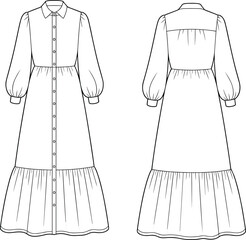 Tiered button-down dress fashion sketch, technical flat drawing, front and back view, vector template, CAD drawing flat vector illustration