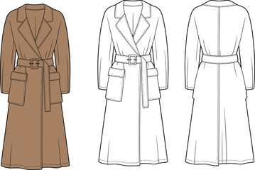Trench coat fashion sketch with color and technical views, front and back design, vector template, CAD drawing flat vector illustration