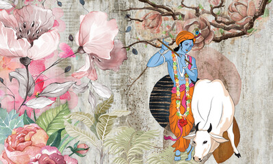Artistic 3D mural combining a classic feminine figure with layered floral elements and a textured artistic canvas effect.  © design