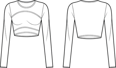 Cropped long sleeve top fashion sketch, technical flat drawing, front and back view, vector template, CAD drawing flat vector illustration