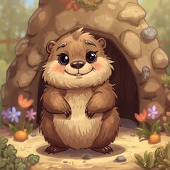 Cute cartoon groundhog peeking out of its burrow in a forest setting