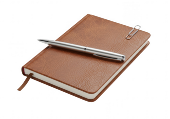 Professional brown leather journal, sleek silver ballpoint pen, and metallic paperclip for office and study organization.