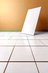 A blank white rectangular board is leaning against a tan wall, positioned on a reflective tiled floor with gold grout lines.
