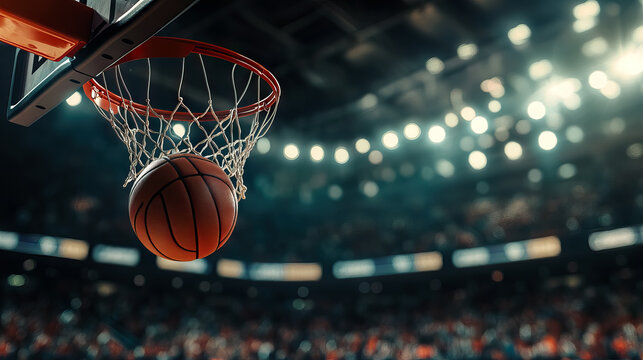 Basketball soars through the net in a packed arena under bright lights for Play Basketball Day