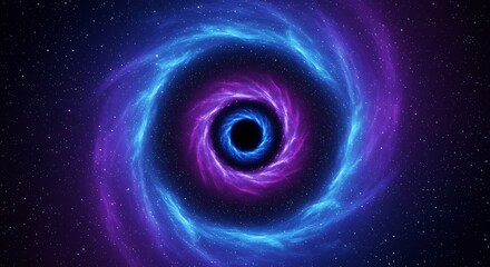 A mesmerizing cosmic vortex of swirling blue and purple nebulae, drawing into a central black hole in deep space