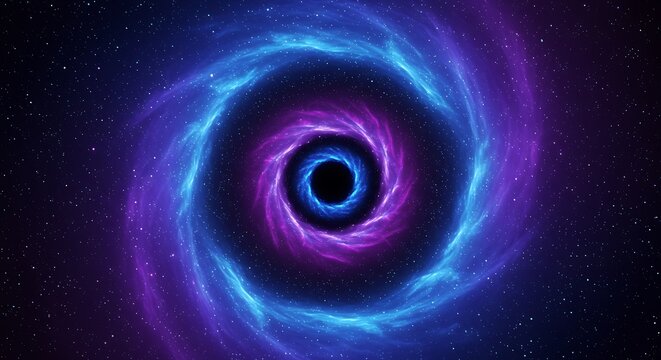 A mesmerizing cosmic vortex of swirling blue and purple nebulae, drawing into a central black hole in deep space