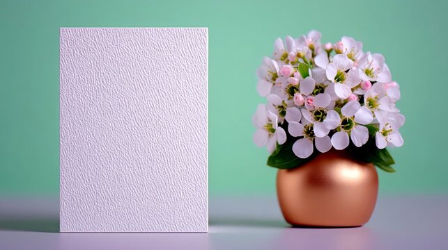 A blank white textured card stands next to a small copper vase filled with delicate white flowers and green leaves against a soft mint green background. - Powered by Adobe