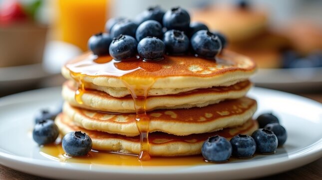 Delicious stack of fluffy pancakes topped with fresh blueberries and syrup