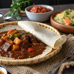 injera sourdough flatbread with spicy wat stew, communal dining
