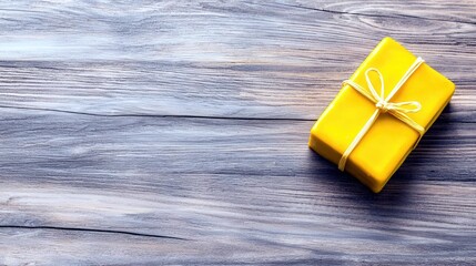 A single bar of bright yellow soap, tied with a thin yellow string, is placed on a rustic, weathered wooden surface.