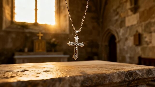 Silver Crucifix Necklace Suspended Above Stone Altar in a Serene Church Interior