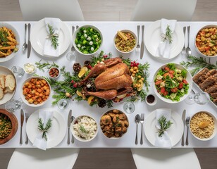 A festive holiday dinner table set with a roasted turkey centerpiece and various delicious side dishes.