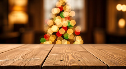 Empty Wooden Table Top with Blurred Christmas Tree Background
