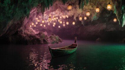 Enchanting boat ride through a magical cave illuminated by glowing lanterns.