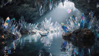 Enchanting Crystal Cave with Shimmering Water and Ethereal Light.