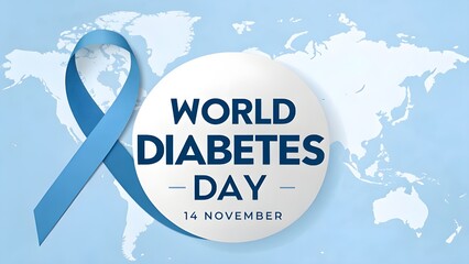 World Diabetes Day awareness banner with blue ribbon and global map background, health campaign concept for 14 November event