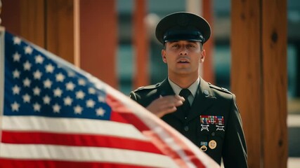 Man in military uniform saluting an american flag. Respectful army soldier honoring country emblem concept. Patriotism and service - Powered by Adobe