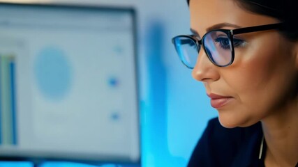 Confident woman in glasses sits in office working at computer analyzing graphs and charts on display focusing intently on data analysis and professional work - Powered by Adobe