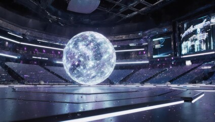 Futuristic Arena with Luminous Sphere Centerpiece and Neon Lighting.