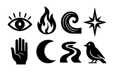 Fototapeta premium Bold silhouette icons of nature and mysticism: eye, flame, wave, star, hand, moon, path, bird