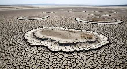 Dry cracked earth with water puddles in a vast, barren landscape under a clear sky
