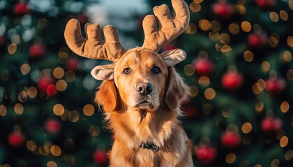 Cute and humorous portrait of a Golden Retriever wearing large plush reindeer antlers, sitting patiently in front of a blurry Christmas tree with red ornaments and gold bokeh