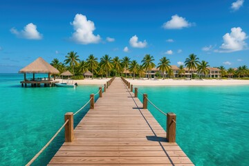 Tropical paradise pier leading to beach resort with palm trees and turquoise water