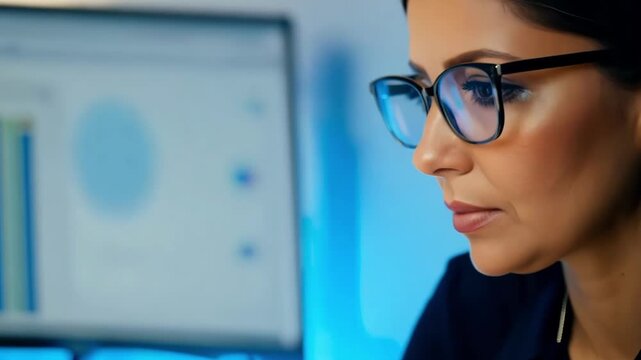 Confident woman in glasses sits in office working at computer analyzing graphs and charts on display focusing intently on data analysis and professional work - Powered by Adobe