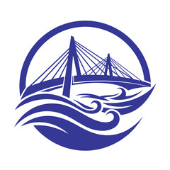 Blue cable stayed bridge over stylized waves inside a circle structure architecture