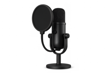Creating professional audio content with a black studio microphone and pop filter. Broadcasting, recording, and podcasting equipment