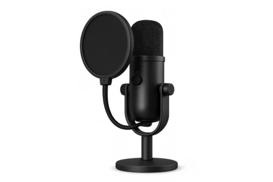 Creating professional audio content with a black studio microphone and pop filter. Broadcasting, recording, and podcasting equipment