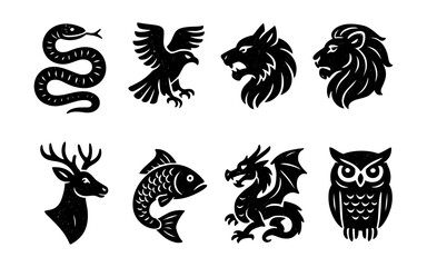 Fototapeta premium Monochrome animal emblems featuring lion, dragon, eagle, and more in distinct black silhouette style