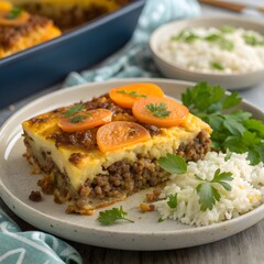 Authentic Bobotie South African Spiced Minced Meat Casserole with Golden Egg Custard Topping