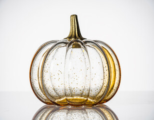 Elegant Decorative Glass Pumpkins with Colorful Metallic Dots on White Background &mdash; Luxury Minimal Autumn Decoration with Realistic Reflection and Golden Stems.