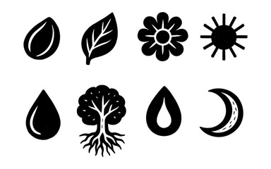 Fototapeta premium Nature icons: minimalist black and white set featuring leaves, water drops, and sun