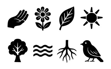 Fototapeta premium Nature silhouette icons: hand, flower, leaf, sun, tree, water, roots, bird