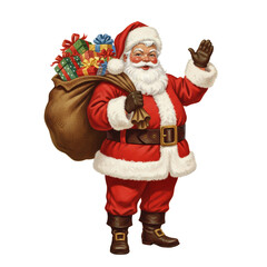 PNG cut out isolated background. A cheerful vintage-style illustration of a plump Santa Claus waving and smiling while carrying a huge sack filled with wrapped Christmas presents over his shoulder.