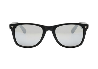 Fototapeta premium Black wayfarer sunglasses with silver mirror lenses isolated on transparent background for adding your own reflection or design